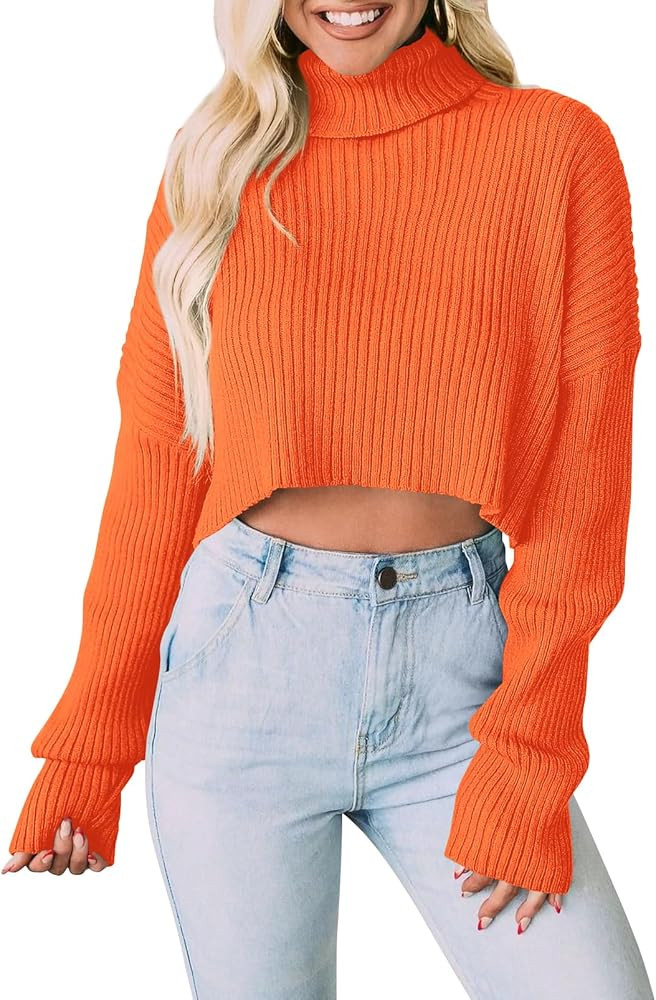 PRETTYGARDEN Women's 2024 Fall Winter Turtleneck Cropped Sweater Causal Ribbed Knit Long Sleeve P... | Amazon (US)