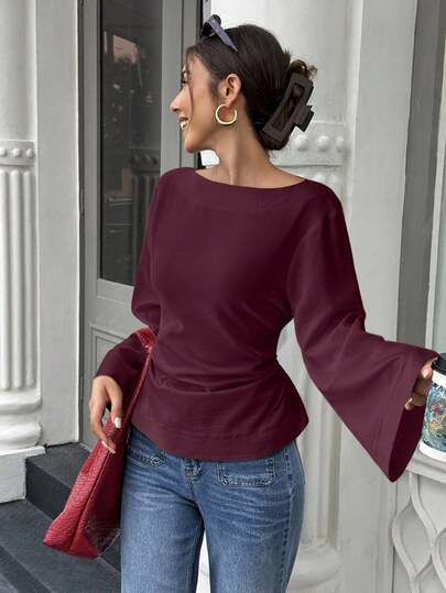 Selianne Women's Elegant Solid Color Waist Cinched Flare Sleeve Blouse, Autumn, Christmas | SHEIN
