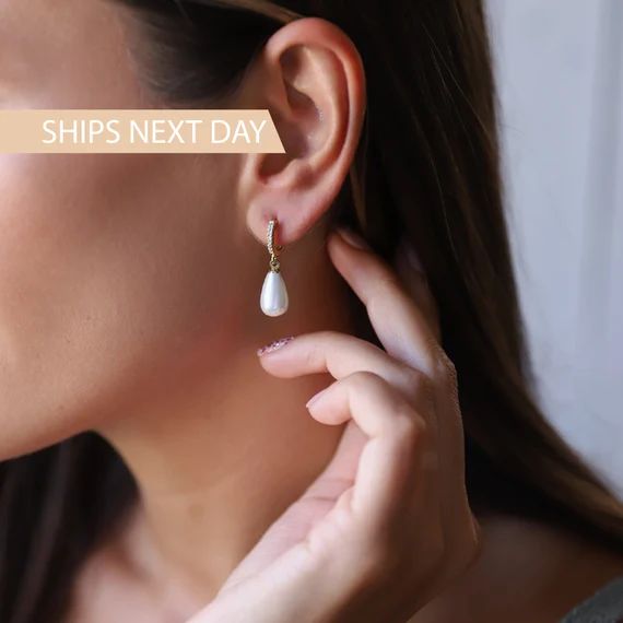 Pearl Huggie Earrings With CZ Diamonds Hoops Dainty Dangle | Etsy | Etsy (US)