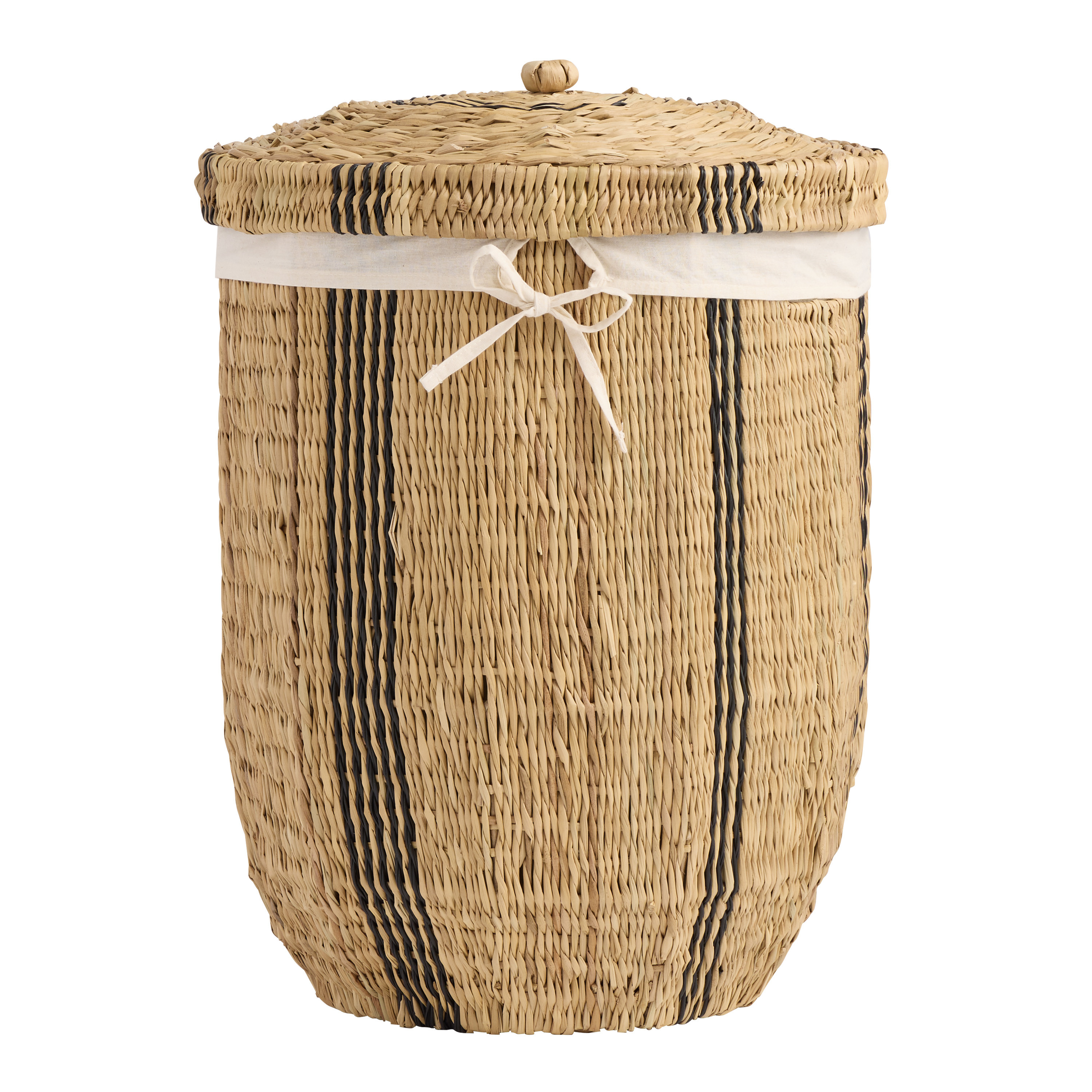 Riley Black and Natural Faux Rattan Striped Hamper with Liner | World Market
