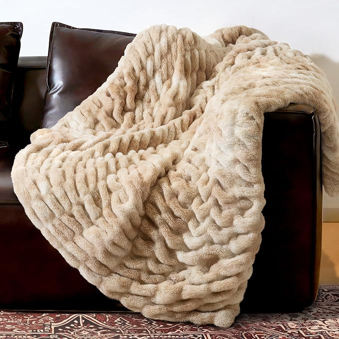 Faux Rabbit Fur Throw Blanket, Ultra Soft Plush Cozy Blanket for Couch Bed, Thick Fluffy Ruched T... | Amazon (US)