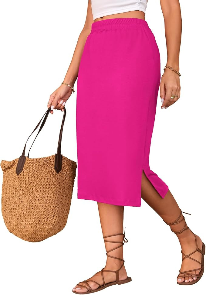 Midi Skirts for Women Summer Elastic High Waisted Side Slit Long Skirts | Amazon (US)