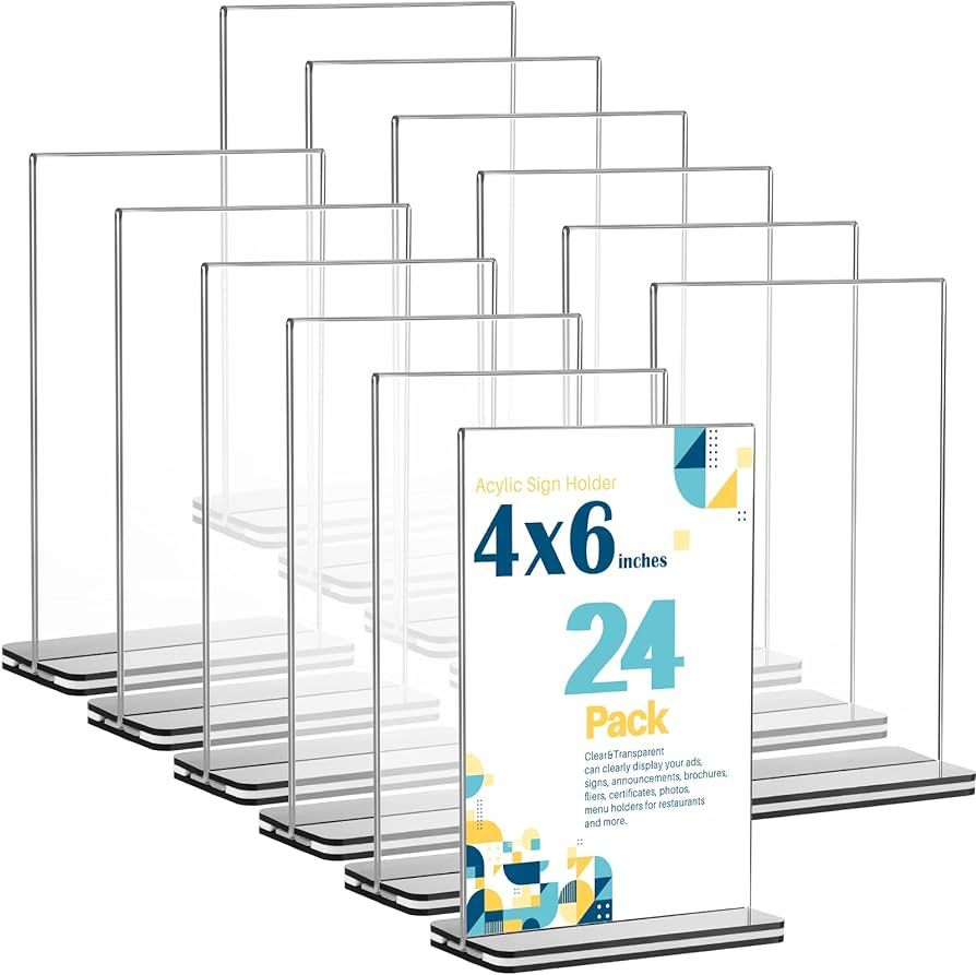 24 Pack Acrylic Sign Holder 4 x 6 Inch Clear Table Sign Holder Double Sided T Shape Plastic Deskt... | Amazon (US)