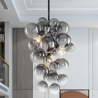Oris 3-Light 15.7 in. W Modern Transitional Smoked Glass Waterfall Bubble Black Chandelier for Stairwell and Living Room | The Home Depot