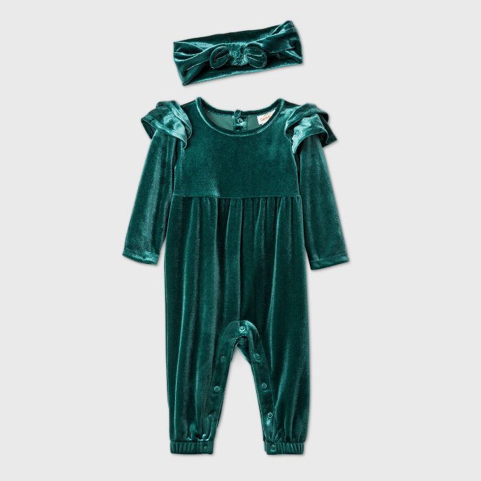 Baby Girls' Velour Ruffle Long Sleeve Romper - Cat & Jack™ Green | Target