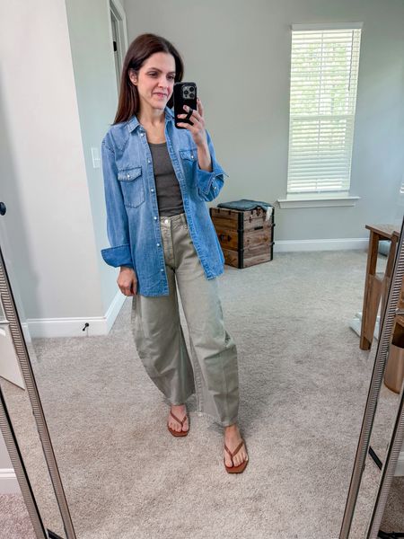 #ootd | ribbed tank, chambray button up, barrel jeans, flip flop sandals (all fit tts) 

#LTKstyletip