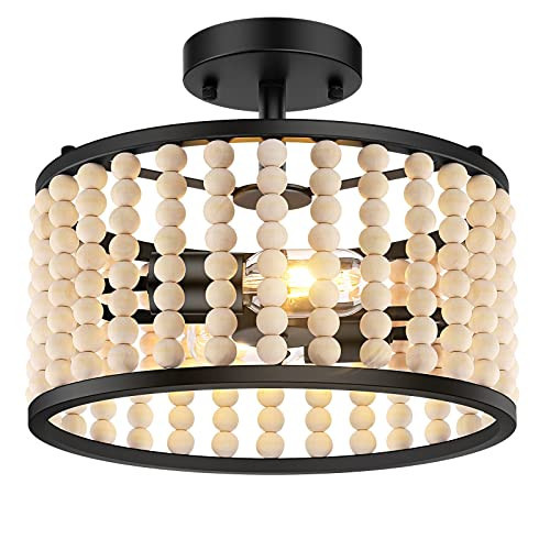 Farmhouse Boho Light Fixture - Wood Beaded Chandelier, Rustic Semi Flush Mount Ceiling Light, Black 2-Light Nursery Light Fixture for Kitchen Island Foyer Hallway Bedroom Living Room, E26 Base | Amazon (US)
