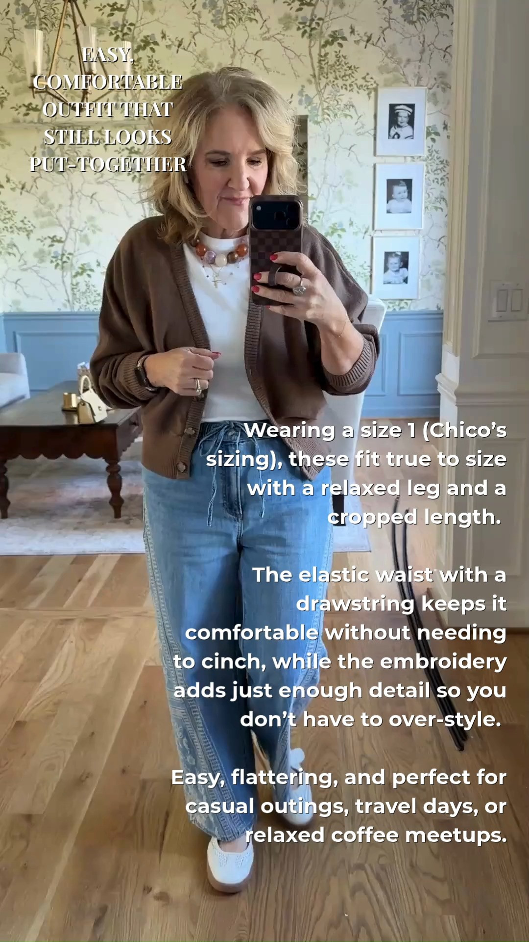 Tap the bell 🔔, heart ❤️ this post, and save for later!

If you want comfort but still feel pulled together—this is it.

These embroidered jeans from Chico's have a soft, flexible waistband (no squeezing), and the relaxed fit gives you room without looking oversized. The embroidery does the work, so you don’t need much else.

Wearing size 1 (true to size). Slightly cropped with a relaxed leg.
Paired with a cotton sweater (dolman sleeve) and a fitted white tee underneath (sized down for layering).

Perfect for everyday wear, travel, or when you want to look styled without effort.

Everything is linked if you want to try it yourself. 🫶🏻 

 #LTKootd #LTKSeasonal #LTKOver40