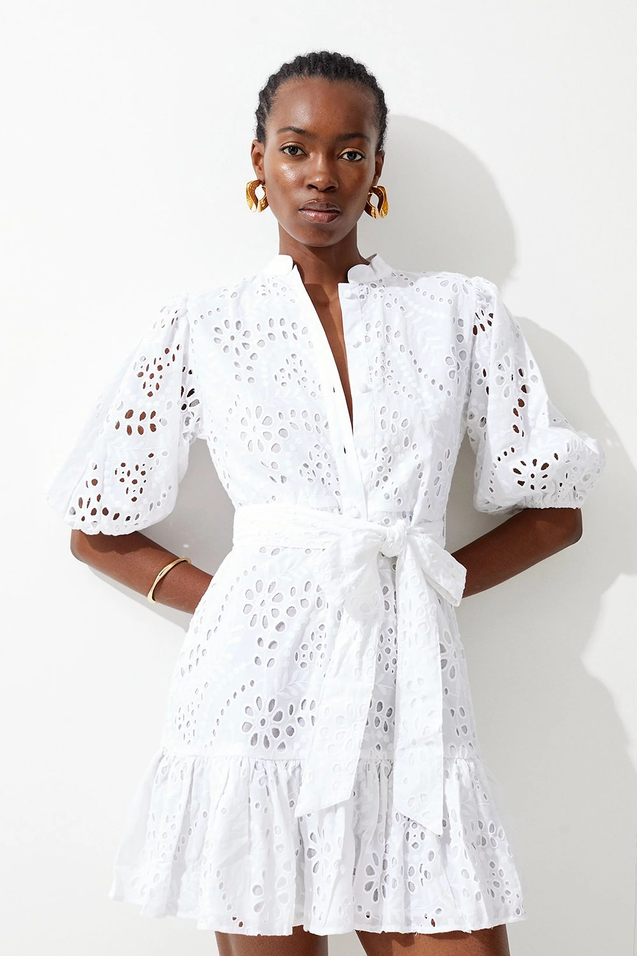 Cotton Broderie Belted Woven Mini Dress | Karen Millen UK + IE + DE + NL