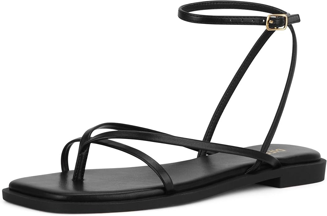 Womens Flats Sandals Square Toe Strappy Ankle Strap Flats | Amazon (US)