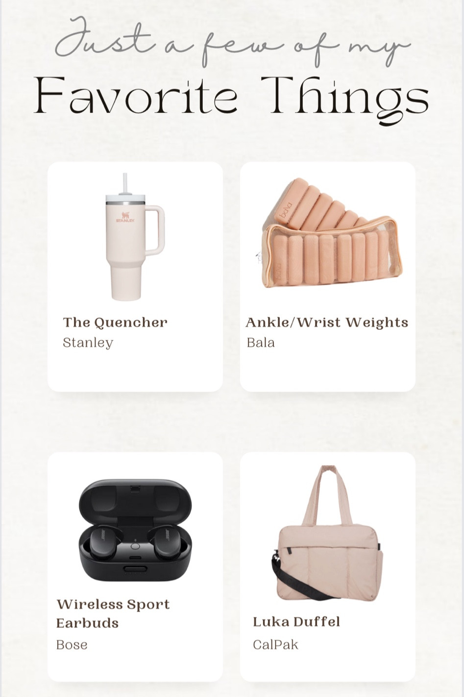 Must have equipment for the fitness lover: bala ankle weights that are easy to wipe clean, CalPak’s Luka Duffle, Bose wireless earbuds, and the cult favorite Stanley Quencher insulated tumblr in stock now 

#LTKtravel #LTKGiftGuide #LTKfit