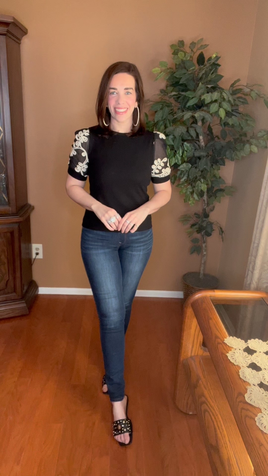 Short sleeve black knit top (extra small). Mid rise medium wash jeans (4). Black studded sandals (8.5). #top #blacktop #knittop #embroideredsleeves #shortsleevetop #jeans #midrisejeans #mediumwashjeans #sandals #blacksandals #studdedsandals #summeroutfit #casualoutfit Sandals 

#LTKStyleTip #LTKSeasonal #LTKFindsUnder100