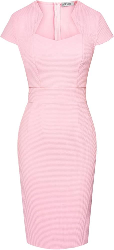 GRACE KARIN Women's Pencil Dress Cap Sleeve Waffle Business Casual Work Dress | Amazon (US)