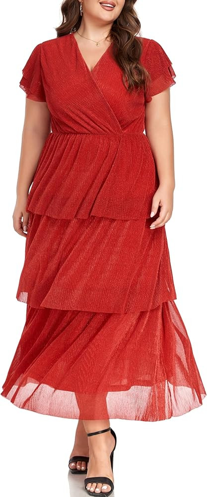 Carrdc Plus Size Maxi Dress for Curvy Women Short Sleeve Tiered Cocktail Dress | Amazon (US)