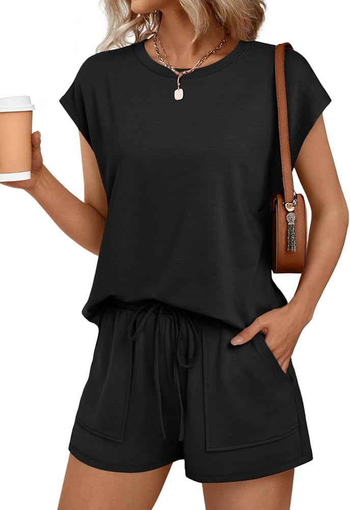 AUTOMET Womens Crew Neck Two Piece Short Sets Cap Sleeve Drawstring Summer Sweatsuit with Pocket | Amazon (US)