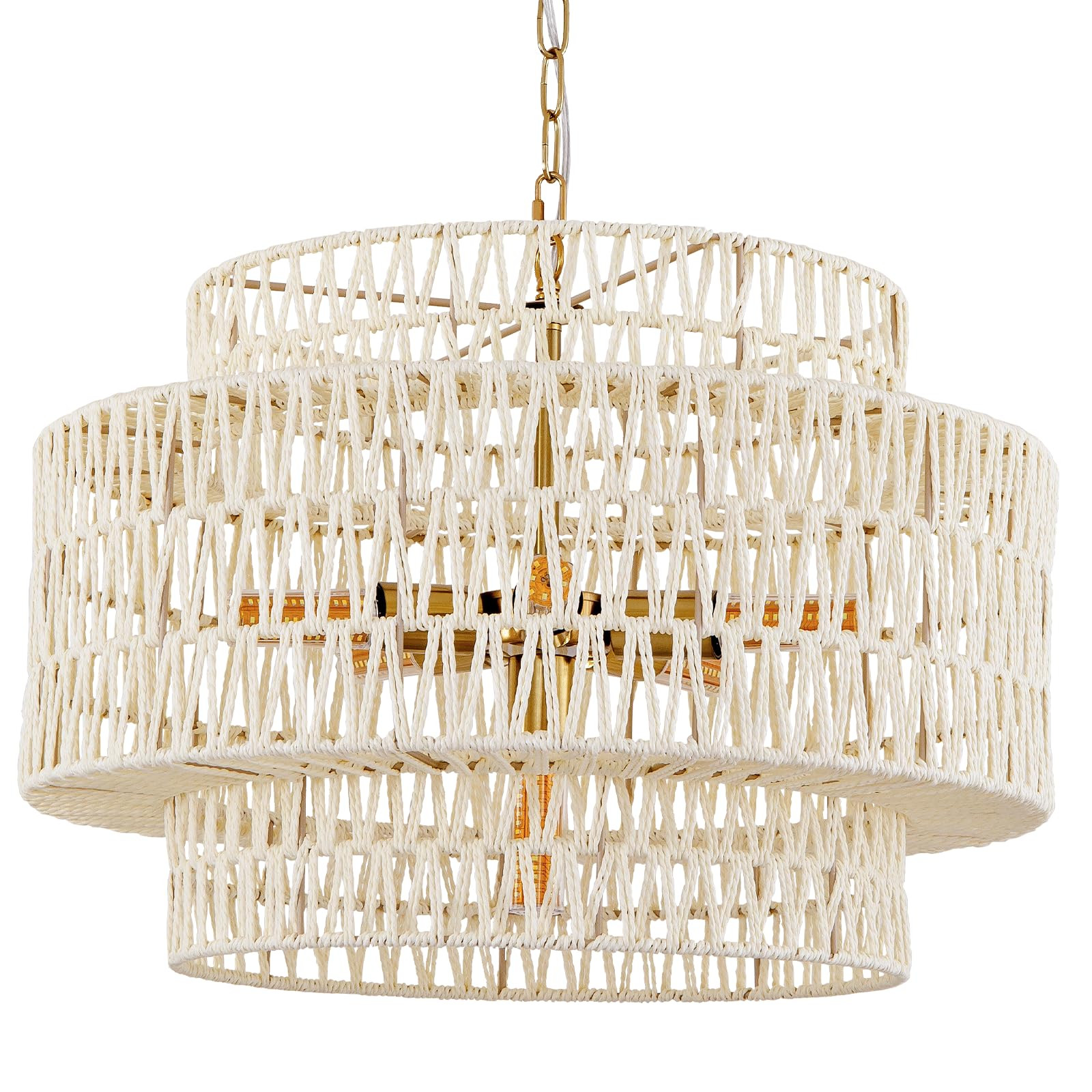 22.83in White Rattan Large Chandelier 3-Tiers Light, 6-Light Hand-Woven Boho Pendant Light Fixtur... | Amazon (US)