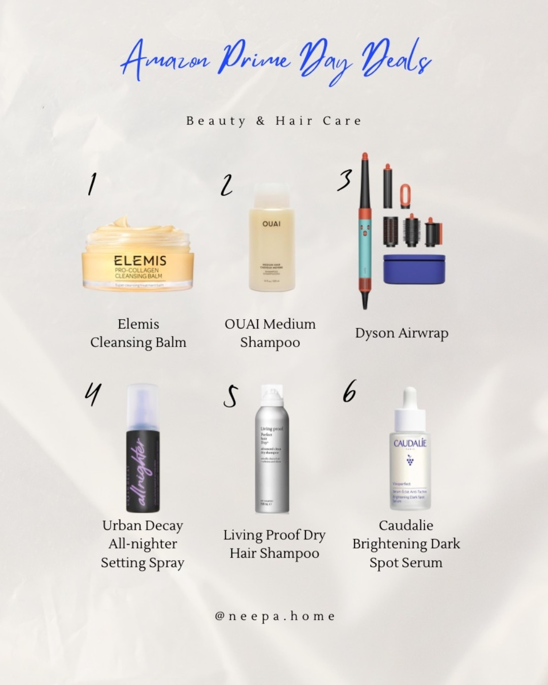 My most-used beauty & hair care products that I can’t live without ✨ All tried, tested, and repurchased — these are my ride-or-die staples!
	1.	Elemis Cleansing Balm – melts makeup like a dream
	2.	Ouai Medium Shampoo – smells incredible and leaves my hair so soft
	3.	Dyson Airwrap – worth every penny for the perfect at-home blowout
	4.	Urban Decay All Nighter Setting Spray – makeup stays flawless all day
	5.	Living Proof Dry Shampoo – refreshes hair instantly
	6.	Caudalie Brightening Dark Spot Serum – glow in a bottle ✨

I’ve restocked most of these during the sales because honestly, I use them every day.

#LTKbeauty #LTKxAmazon #LTKFashionMonth