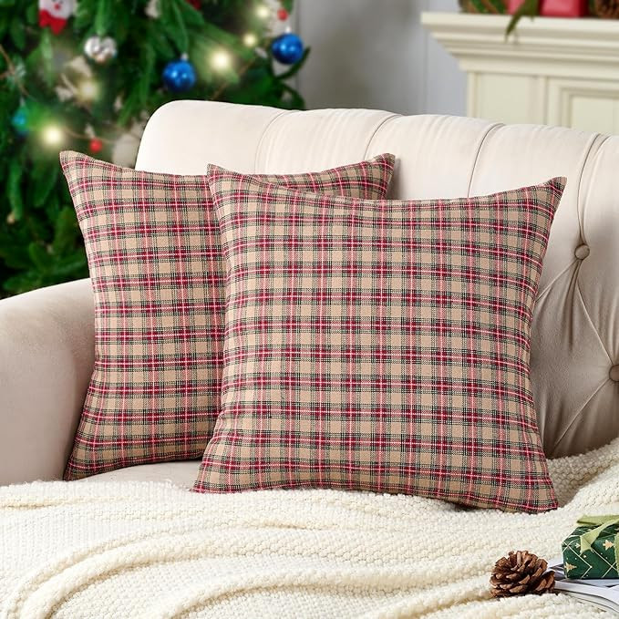 Vintage Brown Tartan Plaid Christmas Decorative Throw Pillow Covers 20x20 Set of 2, Rustic Christ... | Amazon (US)