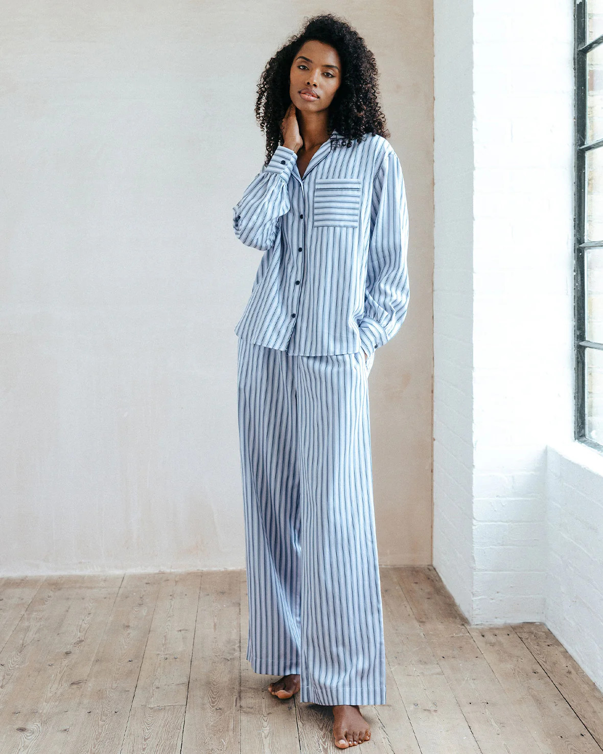 Organic Cotton Sateen Stripe Long Pyjama Set - Blue | Chelsea Peers NYC