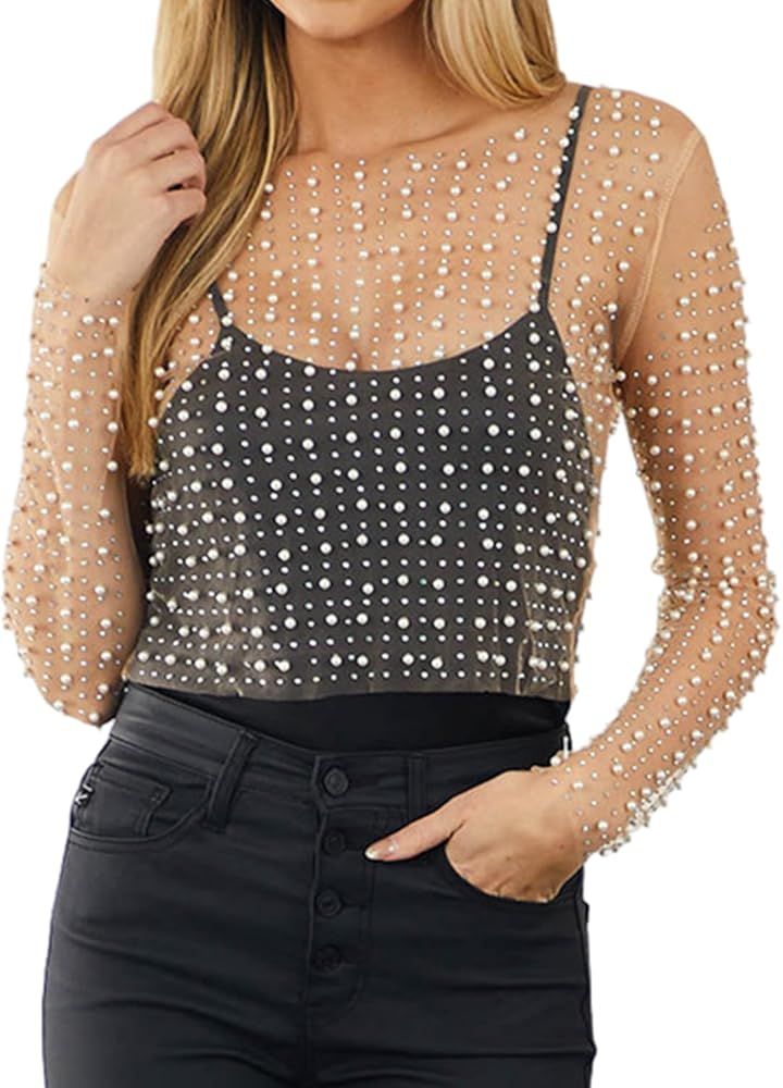 Amy Babe Women's Sparkly Rhinestone Pearl See Through Mesh Crop Top Sexy Long Sleeve Sheer Shirt ... | Amazon (US)