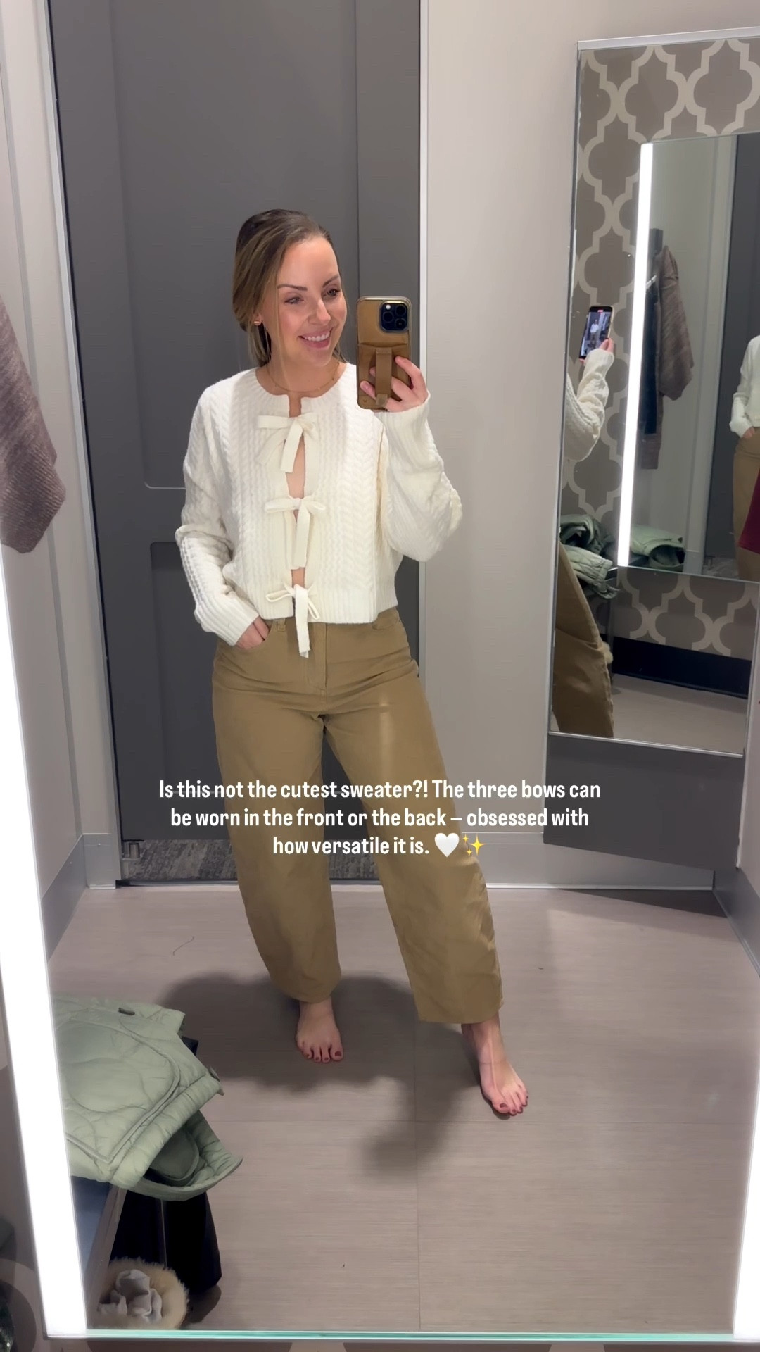 Isn’t this the most adorable top?! I’ve switched it from front to back. Which style do you love most?!

Tan Barrel jeans - size 4 (TTS)
White Cardigan Bow Sweater - size up if you like a looser fit. I’m wearing a size large (I am typically a size medium)

#LTKMidsize #LTKStyleTip #LTKFindsUnder50
