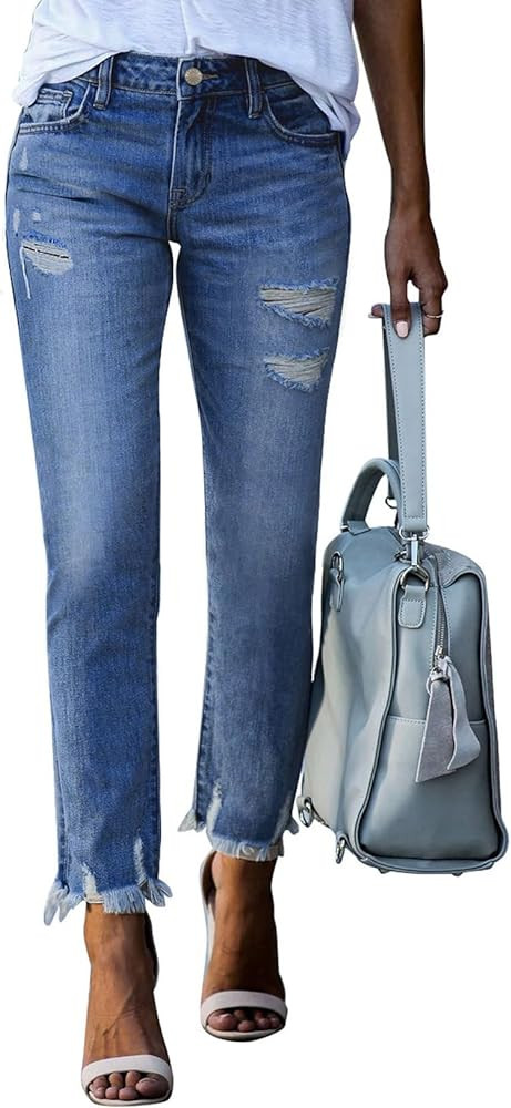 Sidefeel Women's Jeans Straight Leg Boyfriend Ripped Casual Loose Distressed Denim Pants | Amazon (US)