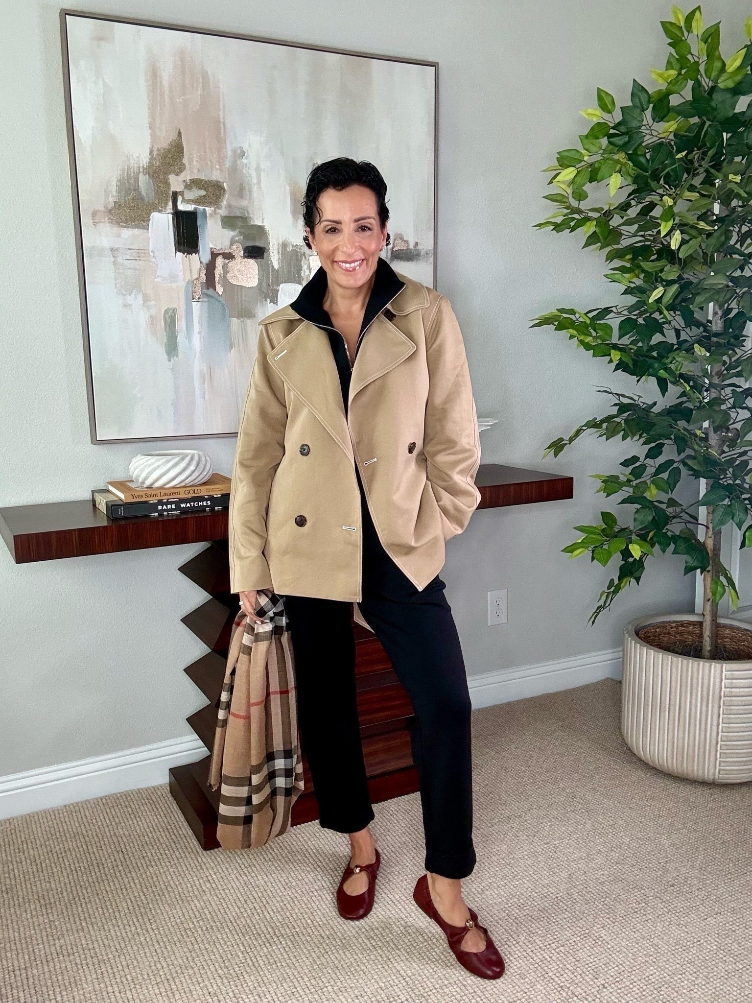 This best selling short trench is such a good example of why proportion matters. I love the shorter length because it gives you the classic structure of a trench without overwhelming the outfit. Paired with a black base, burgundy flats and a plaid scarf, it’s a combination I’ll wear throughout the season.

short trench coat, best selling jacket, fall layering, burgundy flats, black pants outfit, plaid scarf, classic fall style, women over 50 style, transitional outfit, elevated casual style, fall wardrobe, StyleWithEugenia

#LTKootd #LTKOver40 #LTKSeasonal

#LTKootd #LTKgrwm #LTKOver40