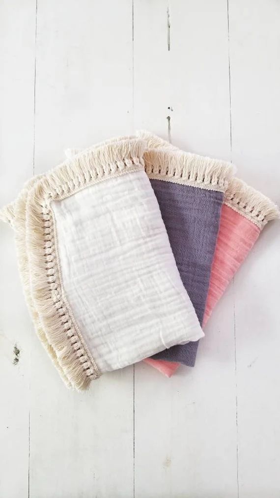 Boho Cream Cotton Muslin Baby Blanket with Fringe, Cream Baby Blanket, Bohemian Baby Blanket, Cre... | Etsy (US)