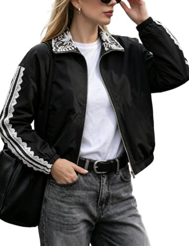 Faleave Women's Casual Jacket Lace Trim Zip Up Cropped Coat with Pockets | Amazon (US)