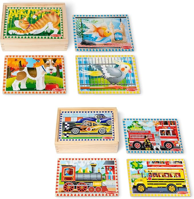 Melissa & Doug Wooden Jigsaw Puzzles in a Box 2-Pack for Preschool Boys and Girls – Pets, Vehic... | Amazon (US)