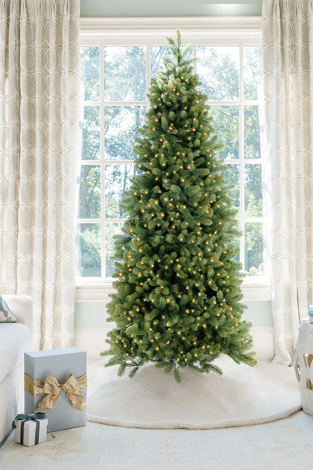 12' Royal Fir Slim Artificial Christmas Tree with 1500 Warm White & Multi-Color LED Lights | King of Christmas