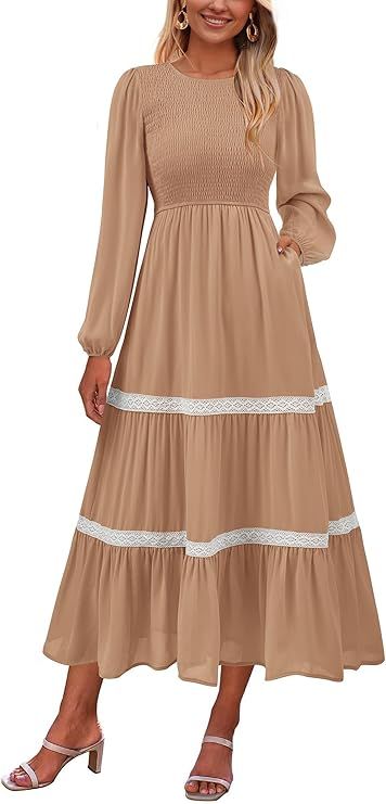 KIRUNDO Fall Dresses for Women 2024 Casual Puff Long Sleeve Smocked Elegant Modest Flowy A Line M... | Amazon (US)