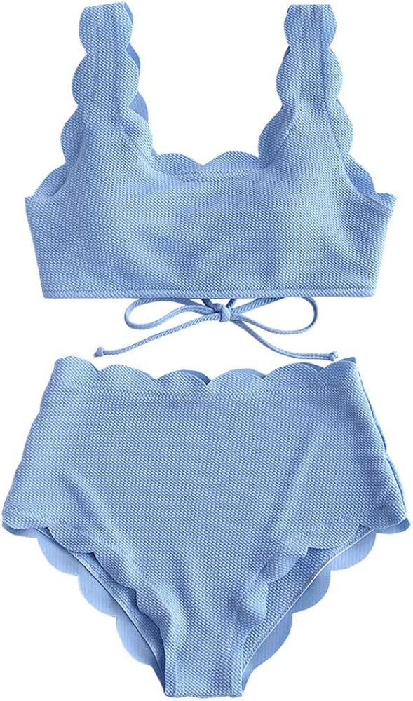 ZAFUL Women's High Waisted Wide Strap Adjustable Back Lace-up Bikini Set Swimsuit | Amazon (US)