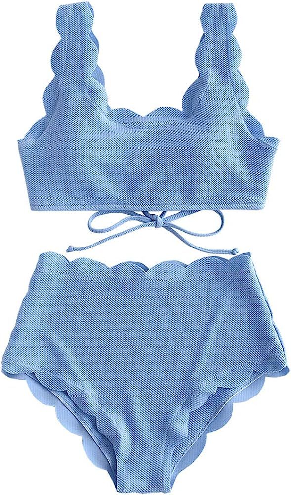 Women's Scalloped Textured Swimwear High Waisted Wide Strap Adjustable Back Lace-up Bikini Set Sw... | Amazon (US)