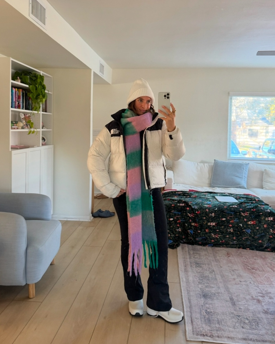 a bright scarf and a neutral outfit will always hit!! 

puffer jacket, flare leggings, winter outfit, beanie, ski outfit 

#LTKGiftGuide #LTKHoliday #LTKSeasonal