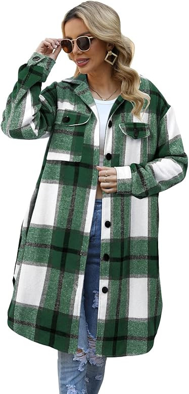 SIKAINI Womens Lounge Lapel Button Down Long Sleeve Plaid Long Shirt Jacket Shacket Coat | Amazon (US)