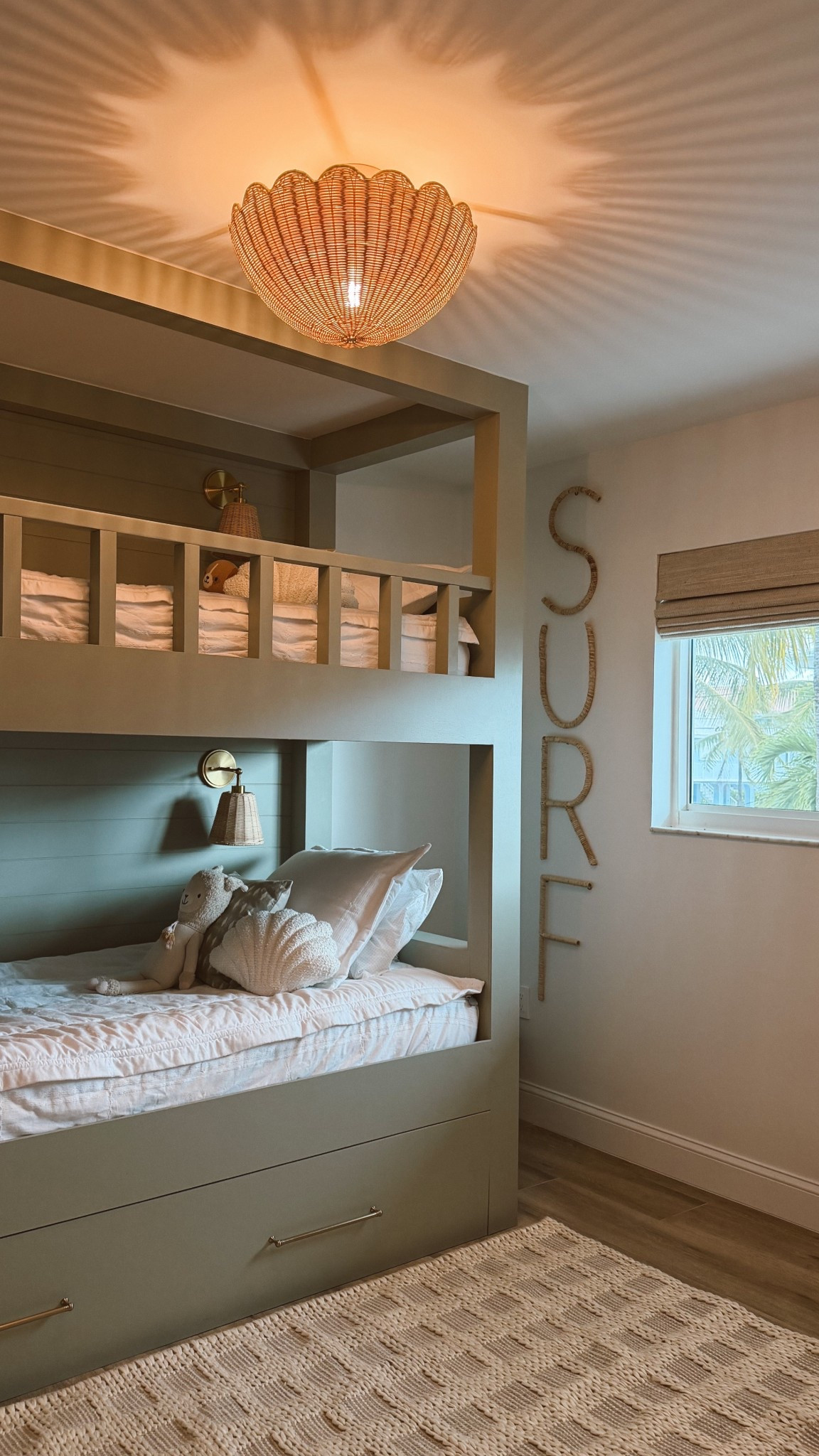 Bunk room at the beach house 🐚 

#bunkroom #kidsroom #siblingroom #beachhouse #girlsroom #boysroom #bunkbeds #kidsroomlight 

#LTKHome #LTKKids #LTKSeasonal