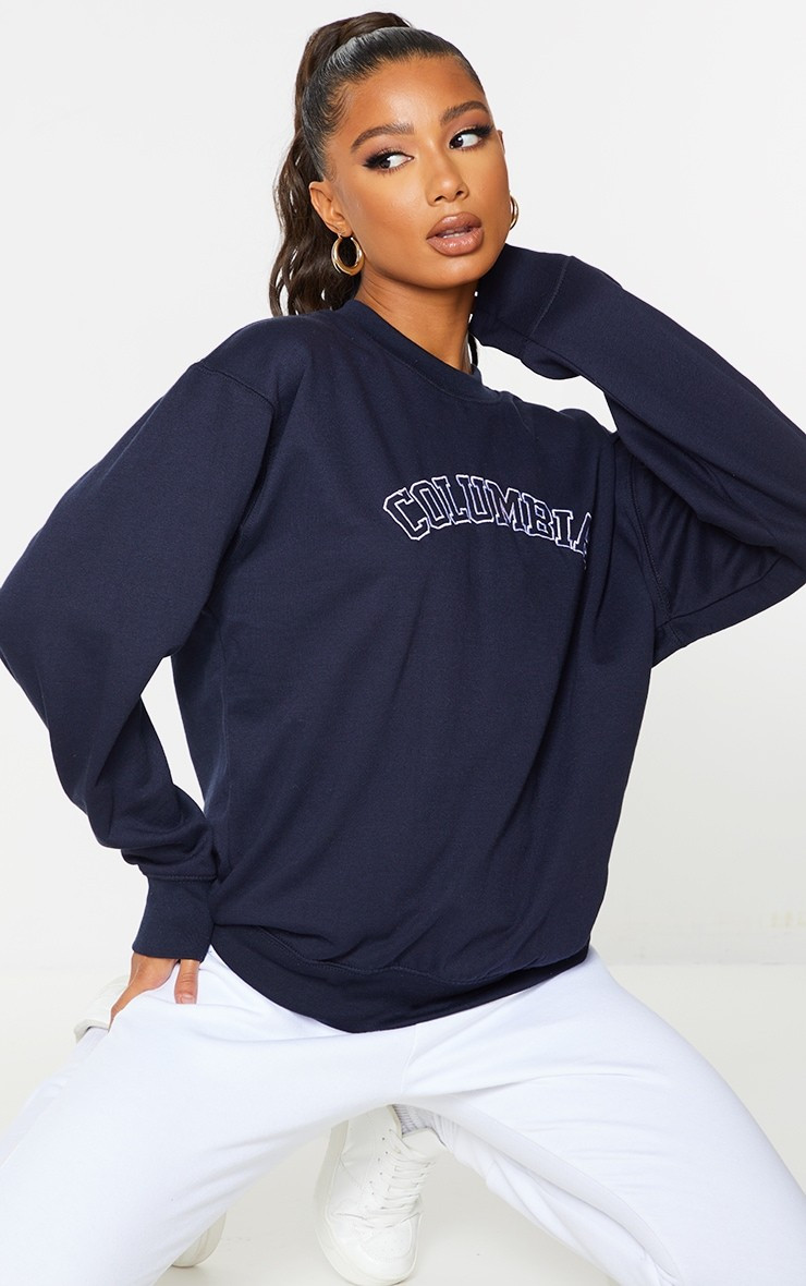 Navy Columbia Embroidered Oversized Sweatshirt | PrettyLittleThing US