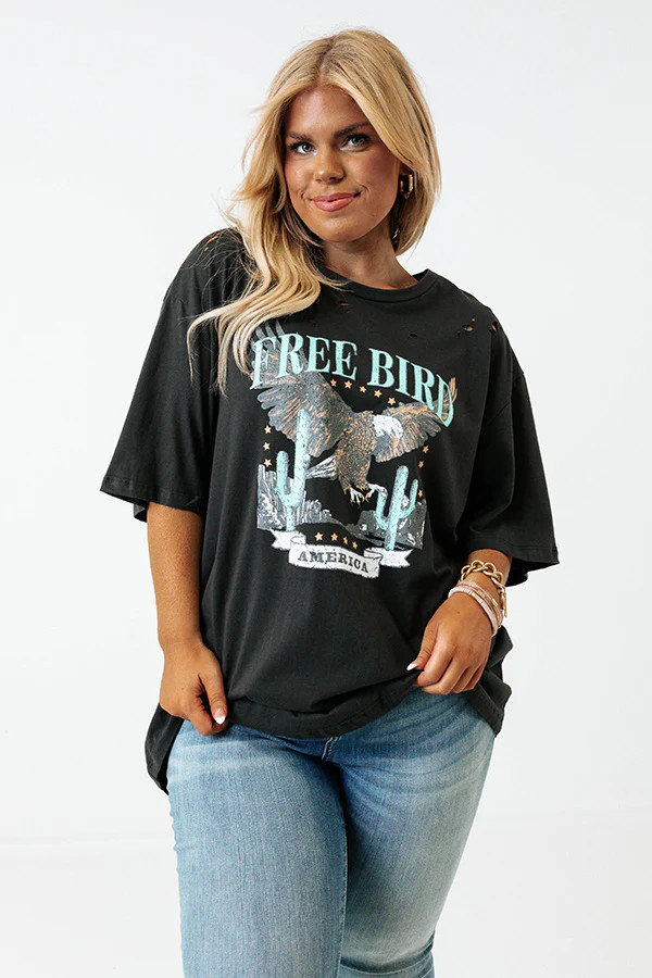 Free Bird Vintage Graphic Distressed Boyfriend Tee In Black Curves | Impressions Online Boutique