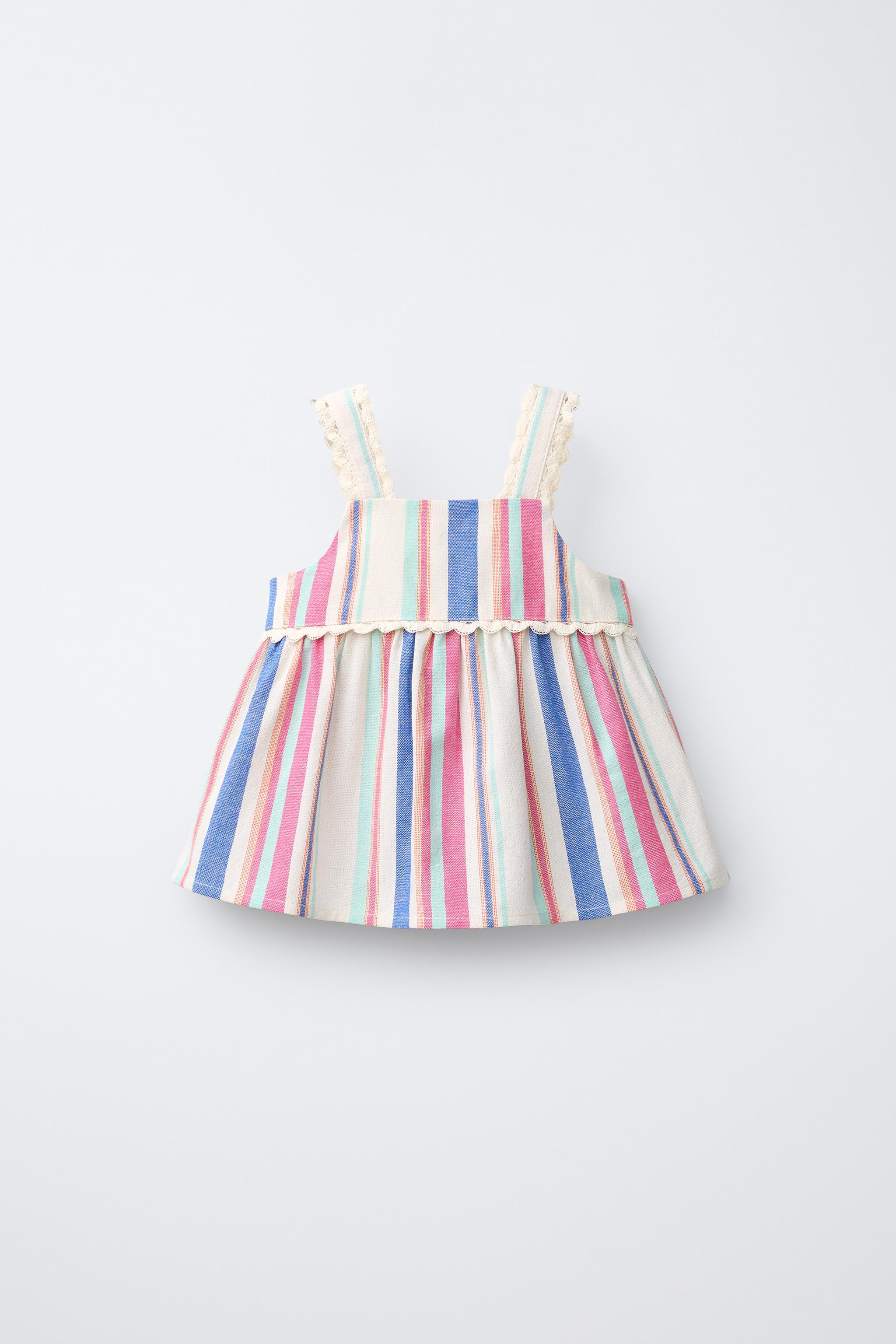 Straight neck top with straps and lace trim. Button closure at back. Striped print. | Zara US