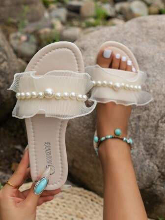 $8.40     
    $10.90
   
  -23%
       New Arrival Lace Flat Slippers With Pearl Decoration And ... | SHEIN