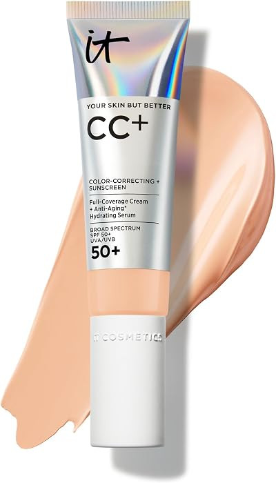 IT Cosmetics CC+ Cream (Light Medium) - Natural Full Coverage Foundation With SPF 50+, Color Corrector & Anti-Aging Hydrating Serum, Hyaluronic Acid + Peptides, Lightweight - 1.08 fl oz | Amazon (US)
