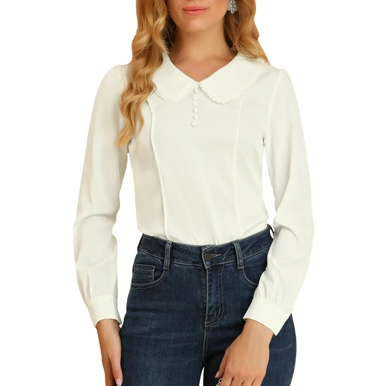 Allegra K Women's Peter Pan Collar Keyhole Back Button Decor Long Sleeve Blouse | Walmart (US)