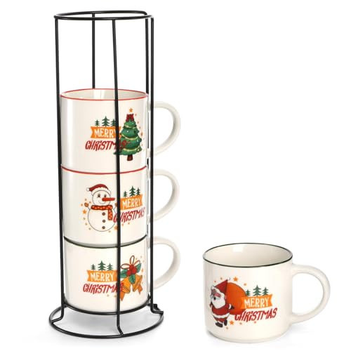 Coloch Set of 4 Christmas Coffee Mugs with Metal Rack, 15 oz Ceramic Coffee Mugs Stackable Christmas Theme Milk Mugs for Coffee, Tea, Milk, Cold&Hot Drinks, Christmas Gift, Microwave&Dishwasher Safe | Amazon (US)