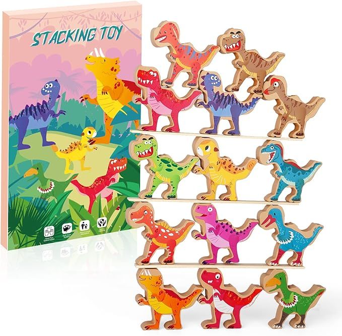 Dinosaur Stacking Building Toys for Kids 3-5, 14 PCS 3 inches Wooden STEM Educational Learning To... | Amazon (US)