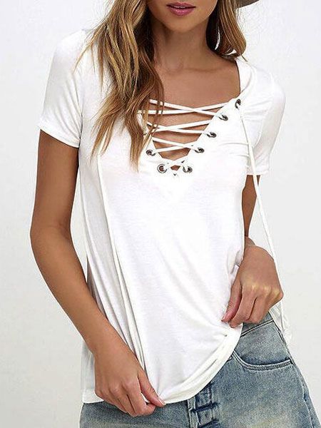 Women White T Shirt 2018 Lace Up Short Sleeve V Neck Summer Casual Top | Milanoo