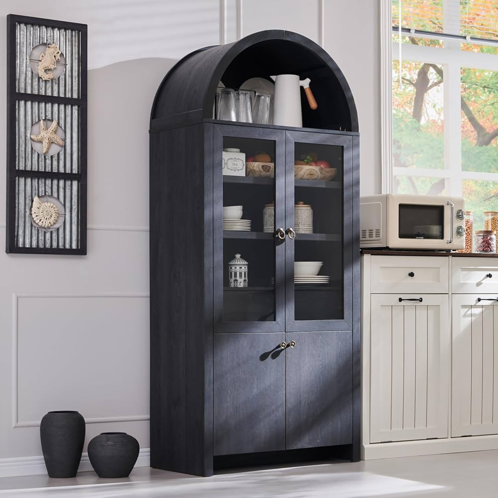 71" Tall Arched Kitchen Pantry Cabinet, Modern Farmhouse Kitchen Storage Cabinets with Open & Adjustable Shelves, Hidden Drawer & Glass Door, Versatile Cupboard for Kitchen, Dining Room, Grey | Amazon (US)