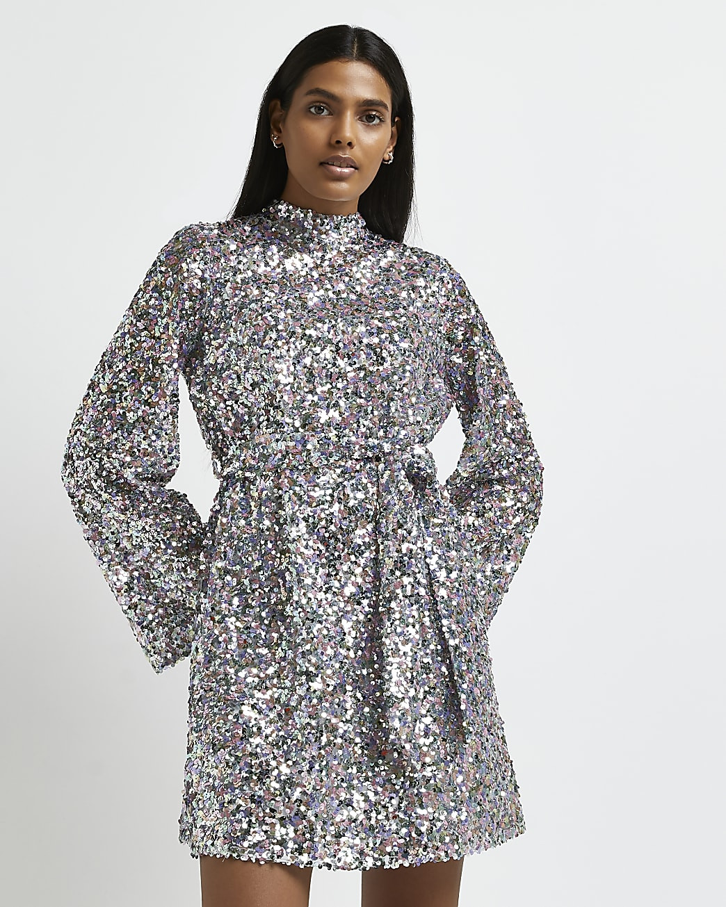 Silver sequin tie waist mini dress | River Island (UK & IE)