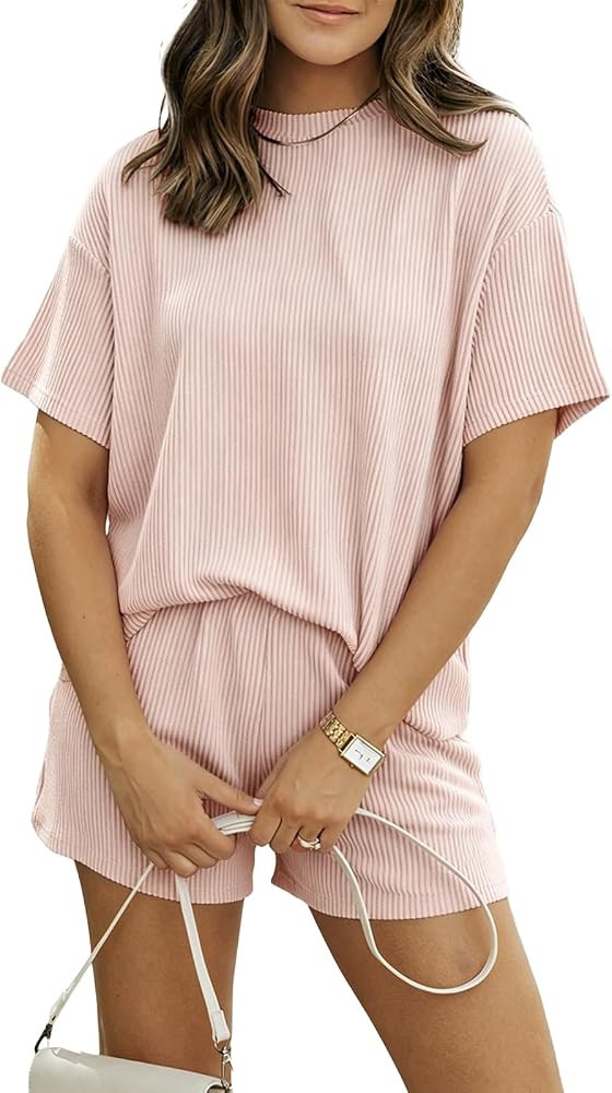 BDITANLE Women's 2 Piece Lounge Set Short Sleeve Wide Leg Shorts Pockets | Amazon (US)
