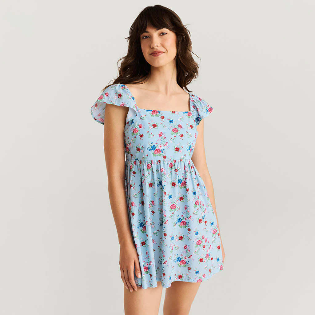 Floral Blue Ruffled Jean Women's Bamboo Challis Mini Dress | Posh Peanut\u00ae | Posh Peanut